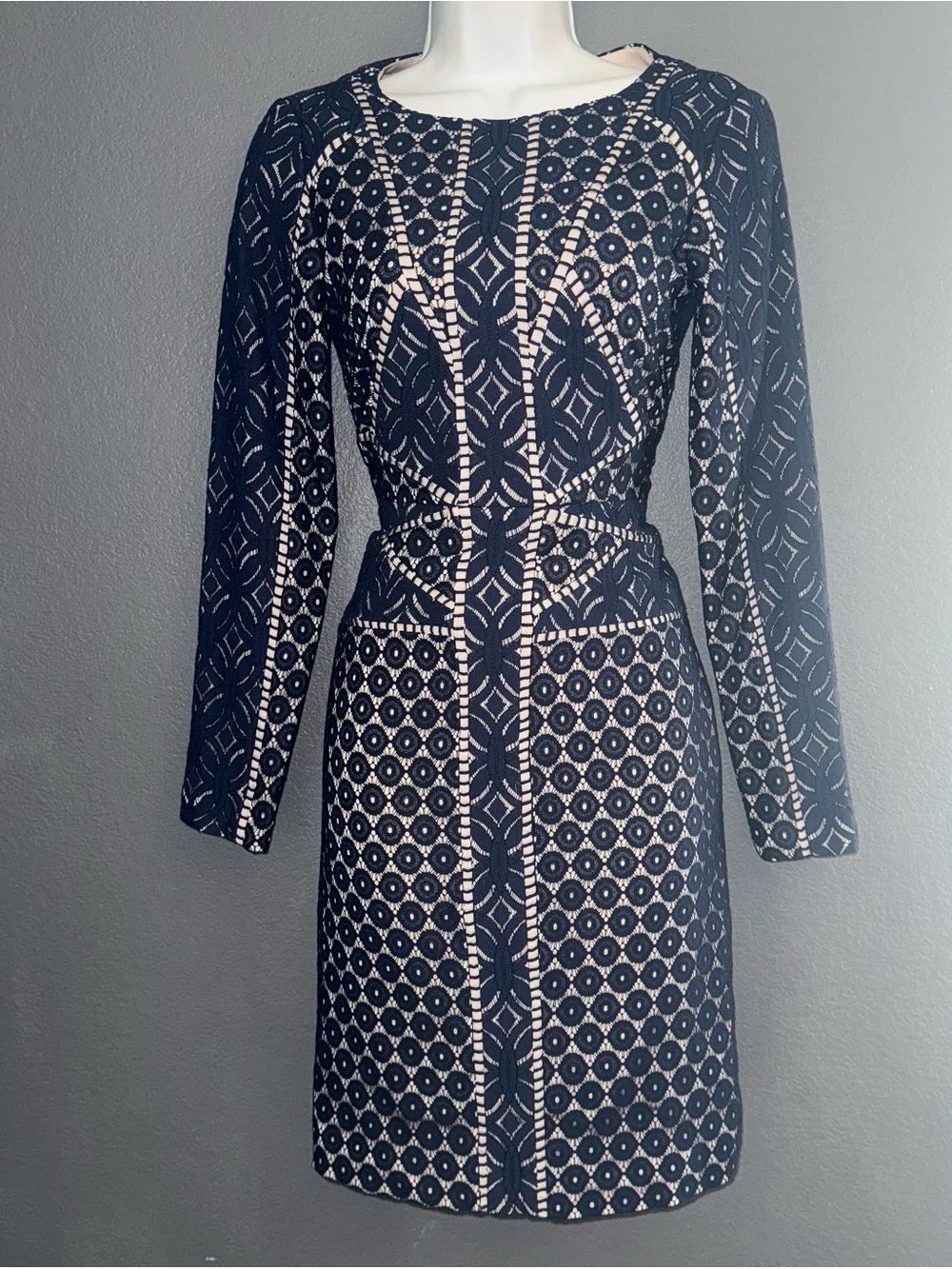 Antonio Melani Navy Blue Geometric Lace Long Sleeve Dress Womens XS 0